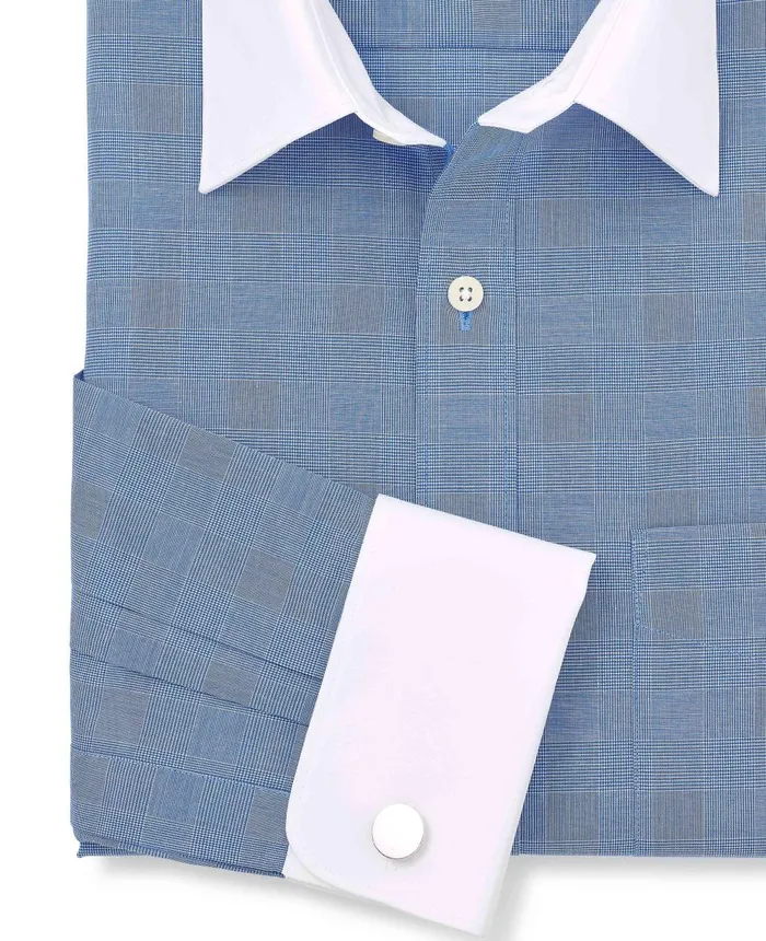 Savile Row Company Navy Cotton Prince Of Wales Check Classic Fit Winchester Formal Shirt 8211 Double Cuff Navy Pow Men Formal Shirts