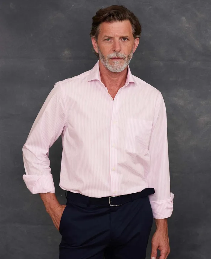 Savile Row Company Pink Cotton Bengal Stripe Classic Fit SmartCasual Shirt 8211 Single Cuff Pink Bengal Stripe Men Casual Shirts