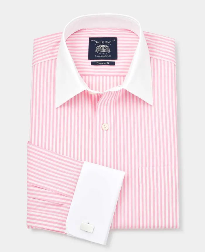 Savile Row Company Pink Stripe Classic Fit Contrast Collar Formal Shirt With White Collar and Double Cuffs Pink Stripe Men Formal Shirts