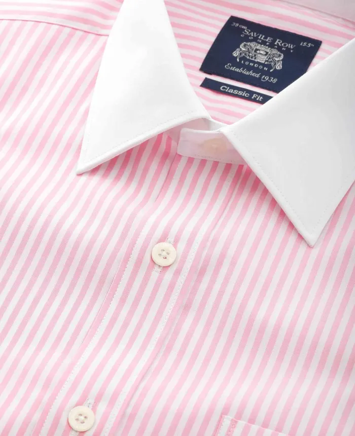 Savile Row Company Pink Stripe Classic Fit Contrast Collar Formal Shirt With White Collar and Double Cuffs Pink Stripe Men Formal Shirts Savile Row Company Pink Stripe Classic Fit Contrast Collar Formal Shirt With White Collar and Double Cuffs Pink Stripe Men Formal Shirts