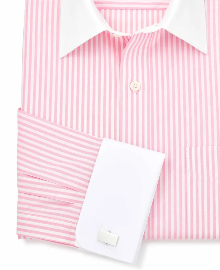 Savile Row Company Pink Stripe Classic Fit Contrast Collar Formal Shirt With White Collar and Double Cuffs Pink Stripe Men Formal Shirts Savile Row Company Pink Stripe Classic Fit Contrast Collar Formal Shirt With White Collar and Double Cuffs Pink Stripe Men Formal Shirts