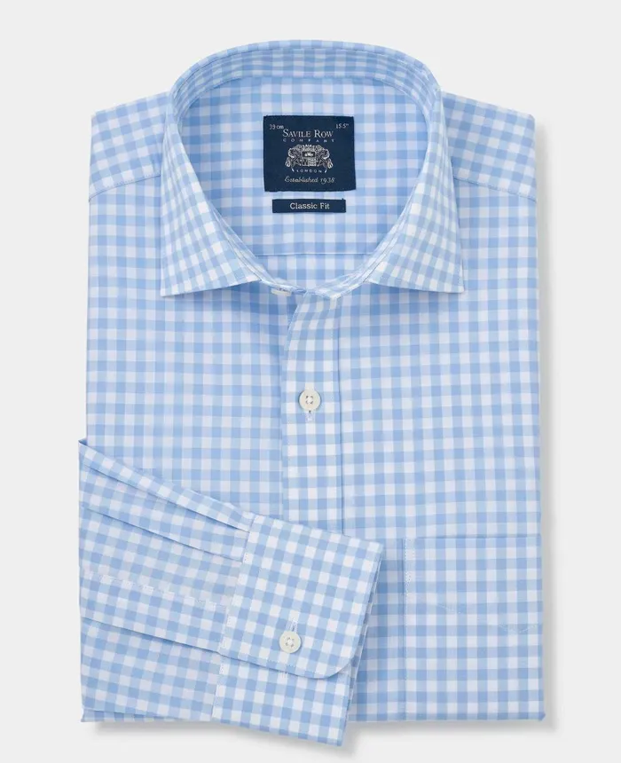 Savile Row Company Sky Blue Cotton Gingham Classic Fit Formal Shirt 8211 Single Cuff Sky Blue Check Men Formal Shirts