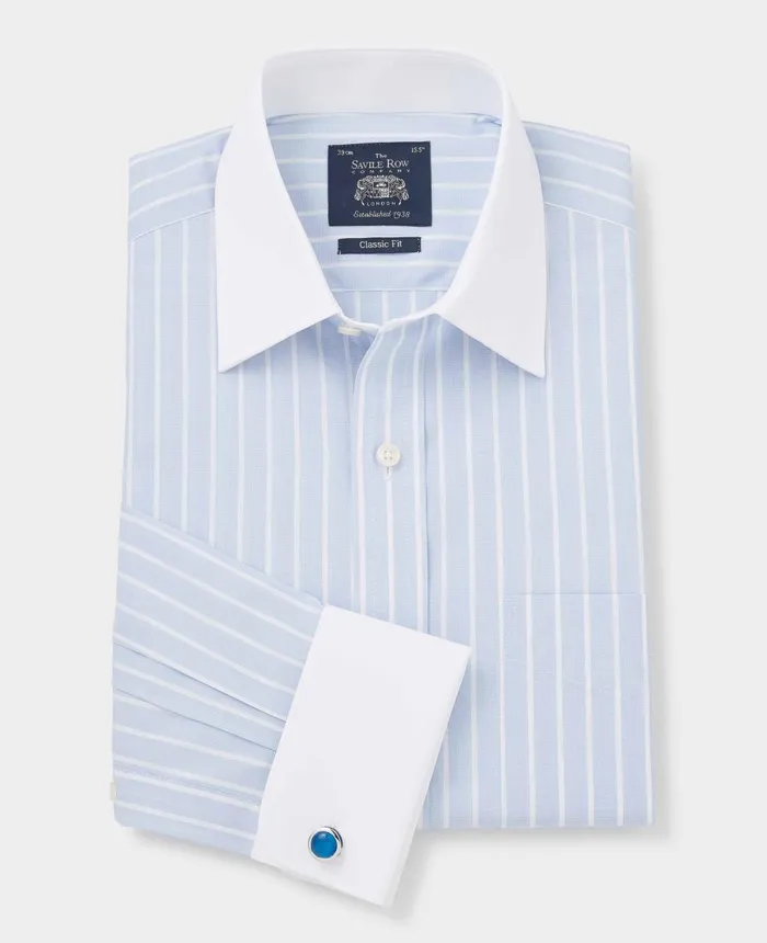 Savile Row Company Sky Blue Reverse Stripe Classic Fit Shirt With White Collar and Cuffs Men Formal Shirts
