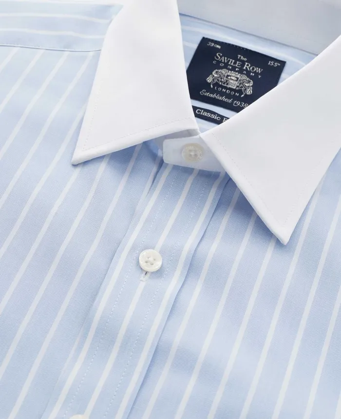 Savile Row Company Sky Blue Reverse Stripe Classic Fit Shirt With White Collar and Cuffs Men Formal Shirts Savile Row Company Sky Blue Reverse Stripe Classic Fit Shirt With White Collar and Cuffs Men Formal Shirts
