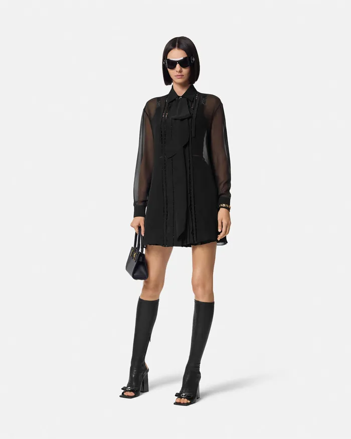 Shirts and Tops Women Versace Silk Georgette Lavallire Long Shirt Black