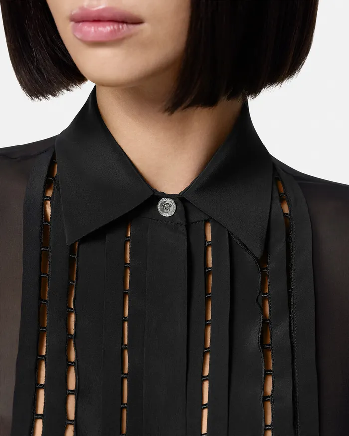 Shirts and Tops Women Versace Silk Georgette Lavallire Long Shirt Black