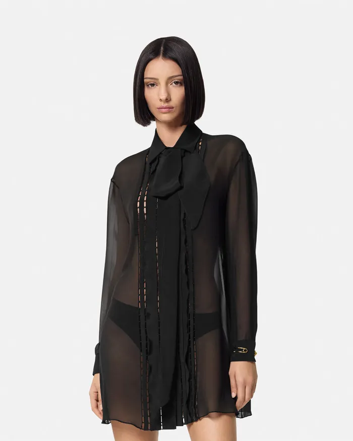 Shirts and Tops Women Versace Silk Georgette Lavallire Long Shirt Black