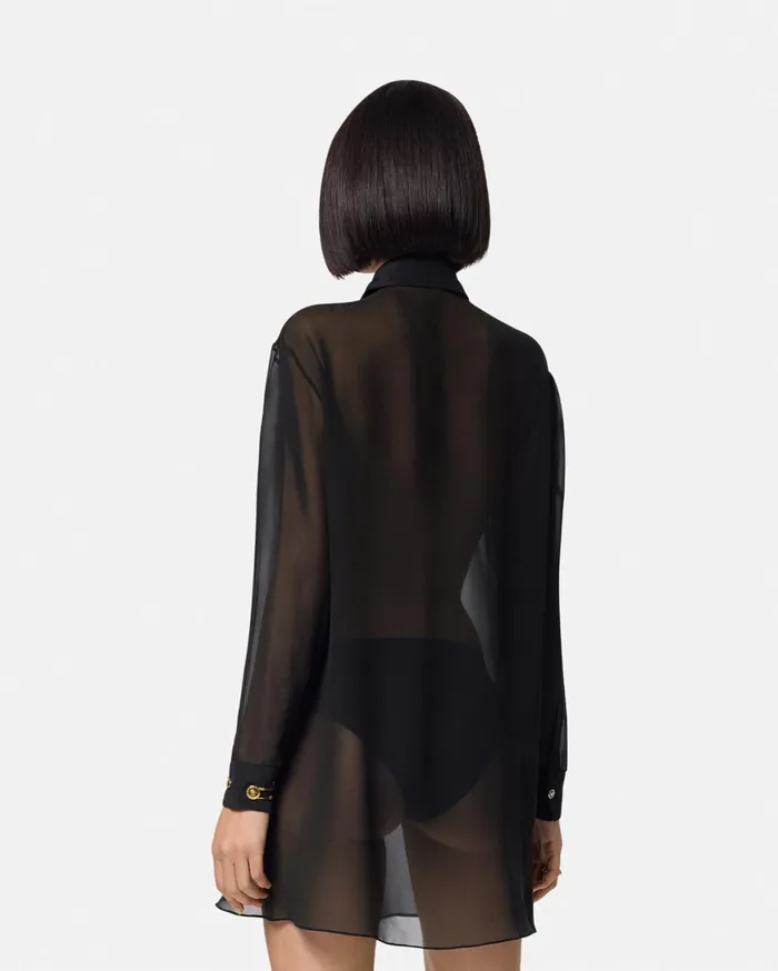Shirts and Tops Women Versace Silk Georgette Lavallire Long Shirt Black