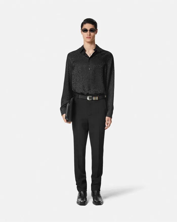 Shirts Men Versace Leopard Jacquard Satin Shirt Black