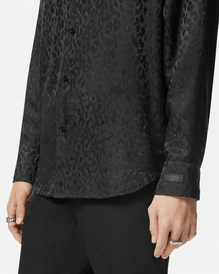 Shirts Men Versace Leopard Jacquard Satin Shirt Black