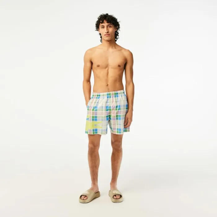 Shorts and Swim Men Lacoste Mens QuickDry Checked Swim Trunks White 2cq