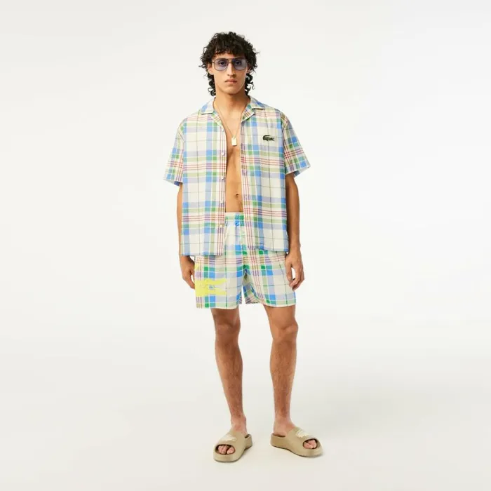 Shorts and Swim Men Lacoste Mens QuickDry Checked Swim Trunks White 2cq