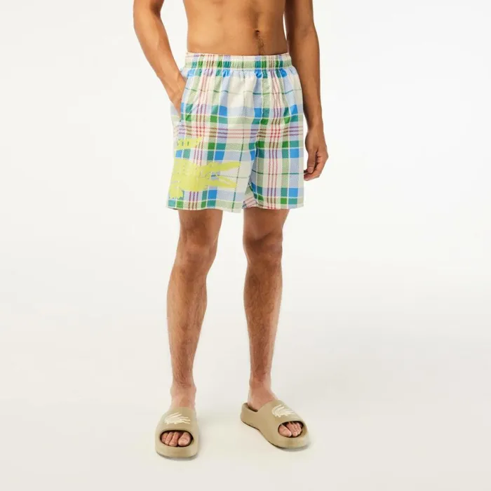 Shorts and Swim Men Lacoste Mens QuickDry Checked Swim Trunks White 2cq