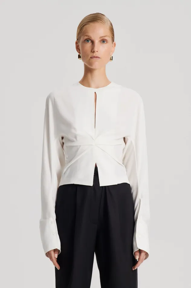 SILK SATIN DRAPED TOP CREME Tops Scanlan Theodore Women SILK SATIN DRAPED TOP CREME Tops Scanlan Theodore Women