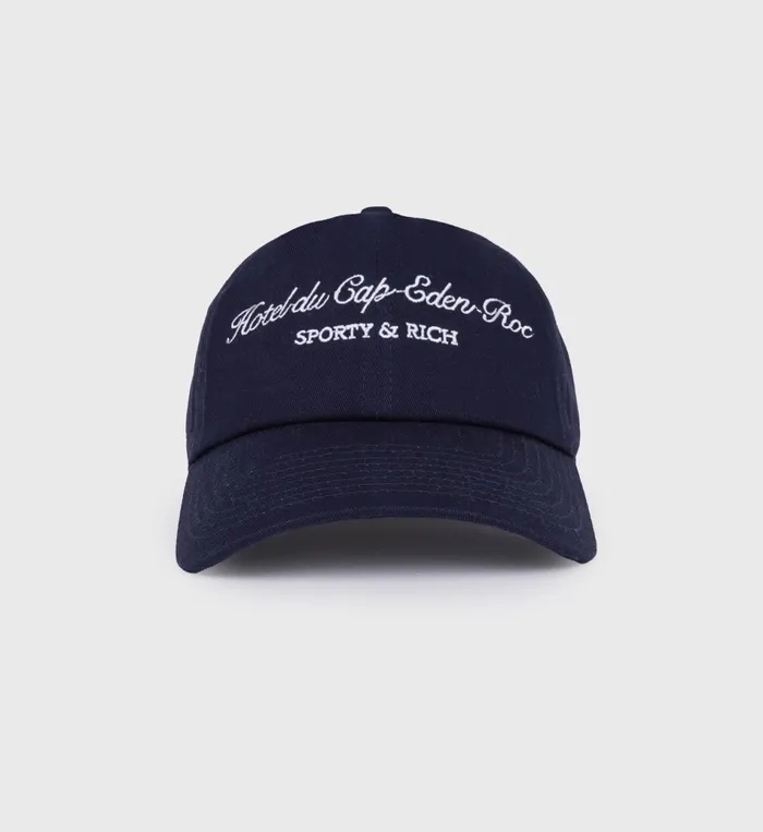 Sporty and Rich Hats Women Hotel Du Cap Cursive Hat 8211 NavyWhite