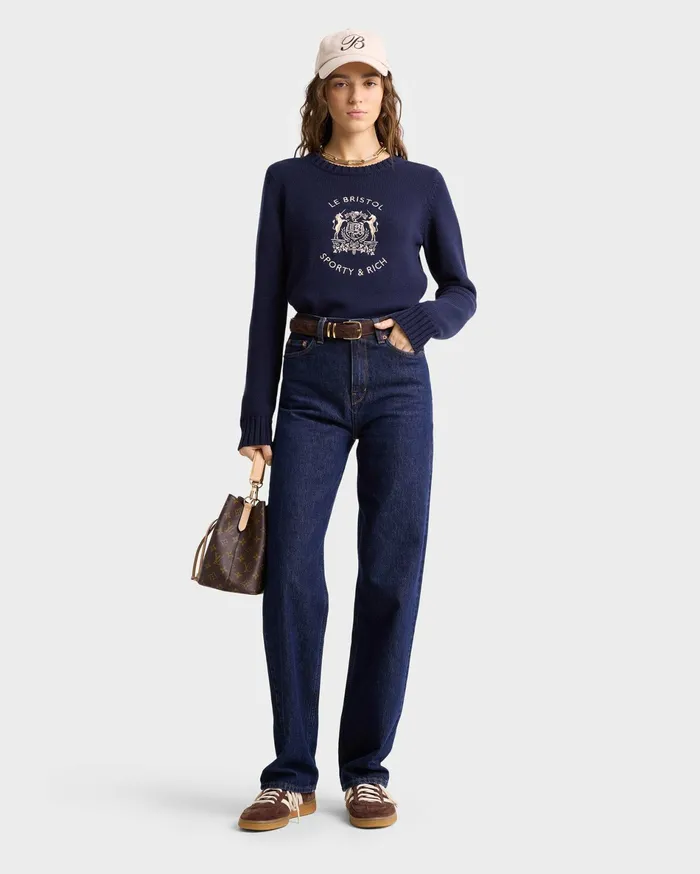 Sporty and Rich Knitwear Women Bristol Crest Cotton Knit Sweater 8211 NavyCream