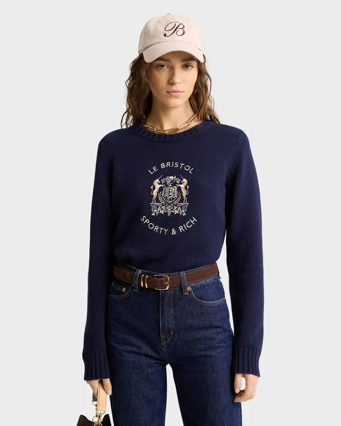 Sporty and Rich Knitwear Women Bristol Crest Cotton Knit Sweater 8211 NavyCream