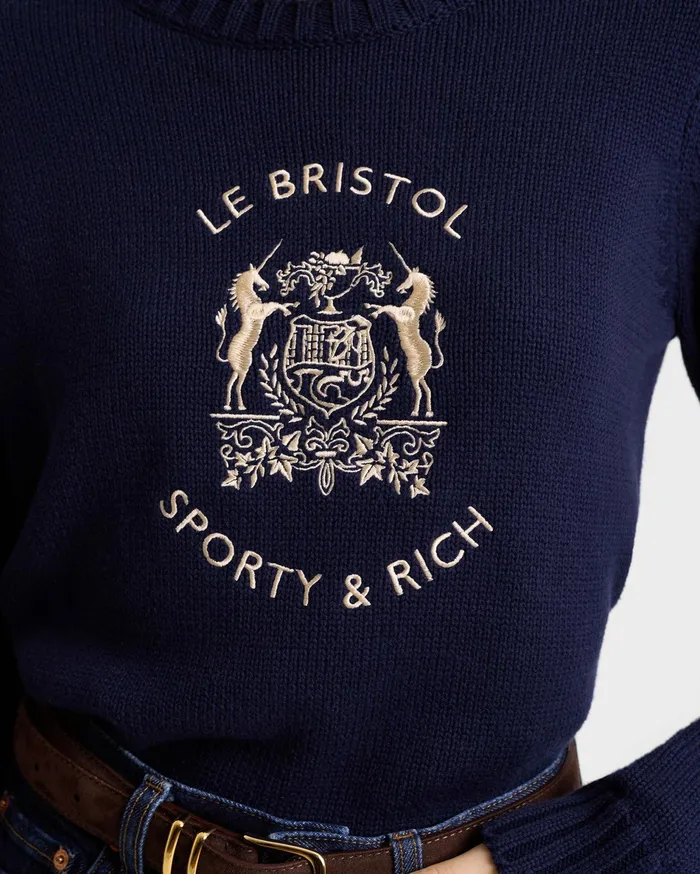 Sporty and Rich Knitwear Women Bristol Crest Cotton Knit Sweater 8211 NavyCream