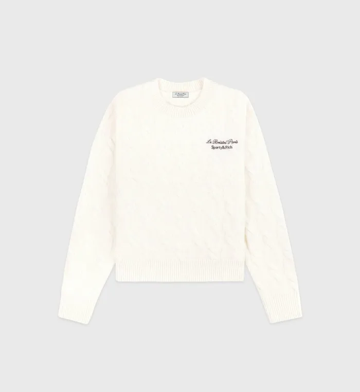 Sporty and Rich Knitwear Women Faubourg Cableknit Wool Cashmere Crewneck 8211 CreamChocolate