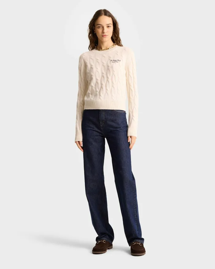 Sporty and Rich Knitwear Women Faubourg Cableknit Wool Cashmere Crewneck 8211 CreamChocolate
