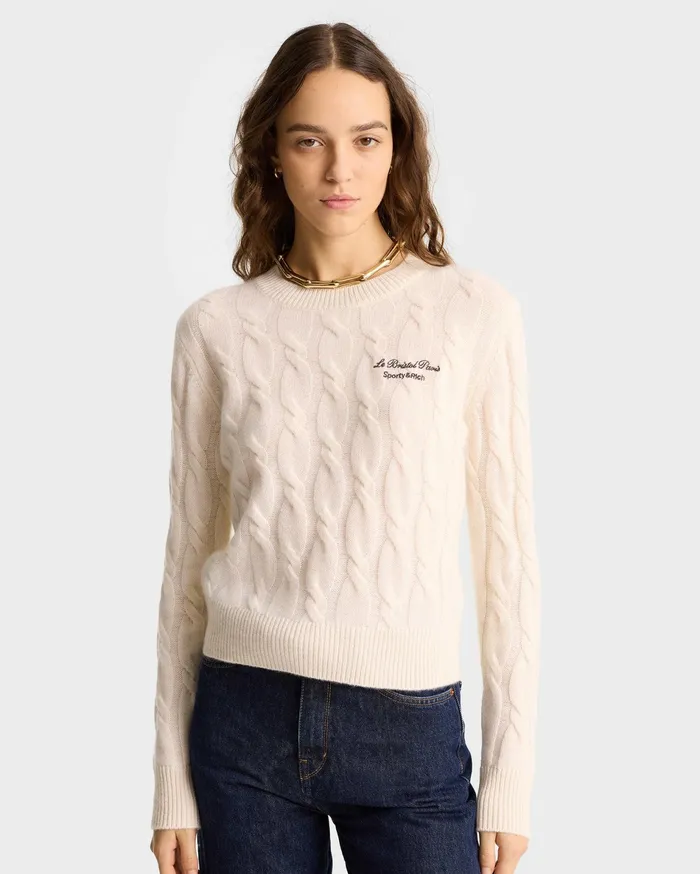 Sporty and Rich Knitwear Women Faubourg Cableknit Wool Cashmere Crewneck 8211 CreamChocolate
