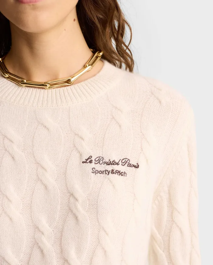 Sporty and Rich Knitwear Women Faubourg Cableknit Wool Cashmere Crewneck 8211 CreamChocolate