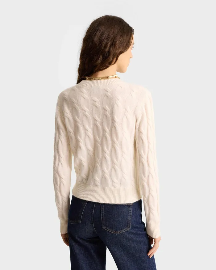 Sporty and Rich Knitwear Women Faubourg Cableknit Wool Cashmere Crewneck 8211 CreamChocolate