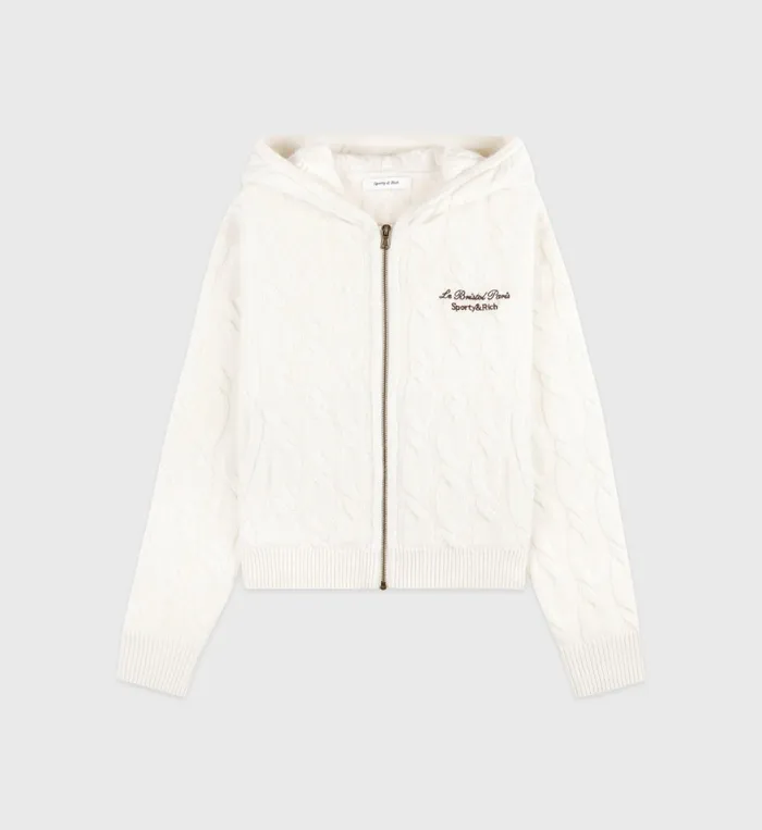 Sporty and Rich Knitwear Women Faubourg Cableknit Wool Cashmere Zip Hoodie 8211 CreamChocolate