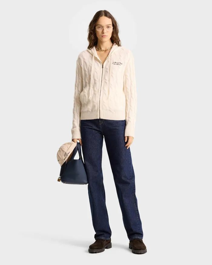Sporty and Rich Knitwear Women Faubourg Cableknit Wool Cashmere Zip Hoodie 8211 CreamChocolate