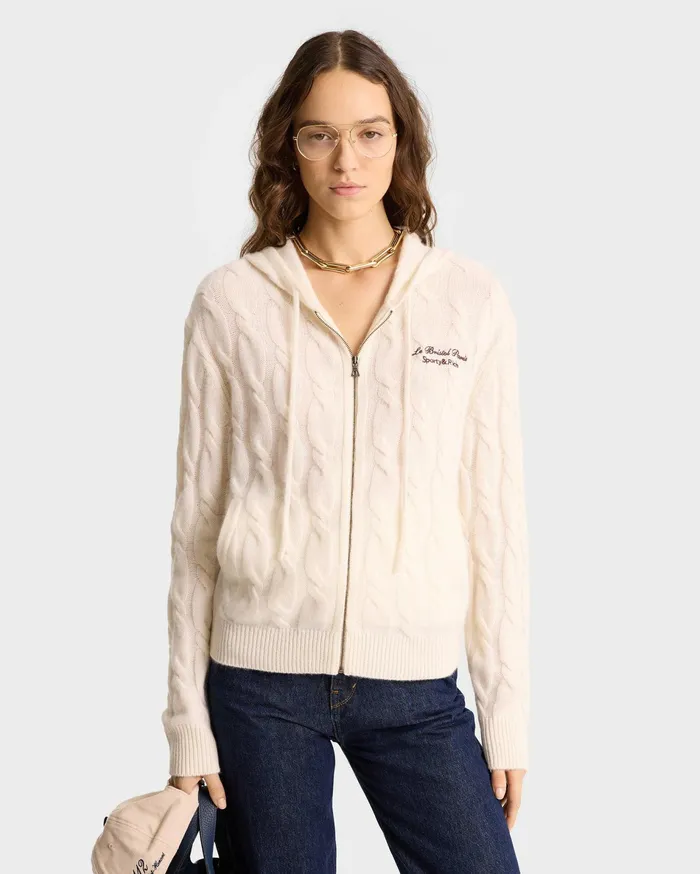 Sporty and Rich Knitwear Women Faubourg Cableknit Wool Cashmere Zip Hoodie 8211 CreamChocolate
