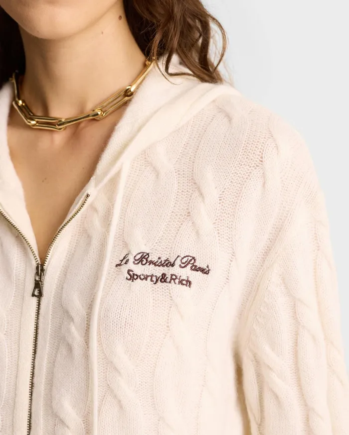 Sporty and Rich Knitwear Women Faubourg Cableknit Wool Cashmere Zip Hoodie 8211 CreamChocolate
