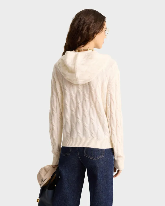 Sporty and Rich Knitwear Women Faubourg Cableknit Wool Cashmere Zip Hoodie 8211 CreamChocolate