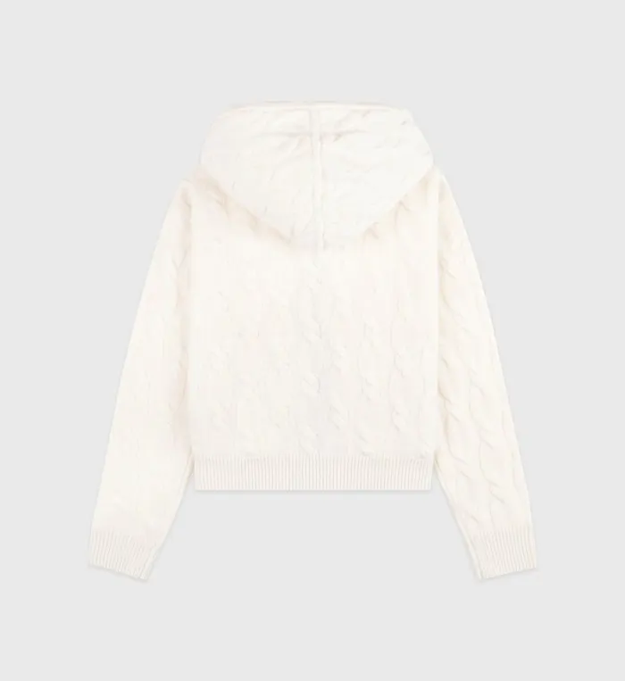 Sporty and Rich Knitwear Women Faubourg Cableknit Wool Cashmere Zip Hoodie 8211 CreamChocolate