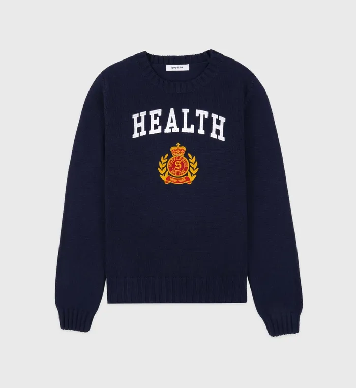 Sporty and Rich Knitwear Women NY Health Crest Knitted Sweater 8211 NavyWhiteGold