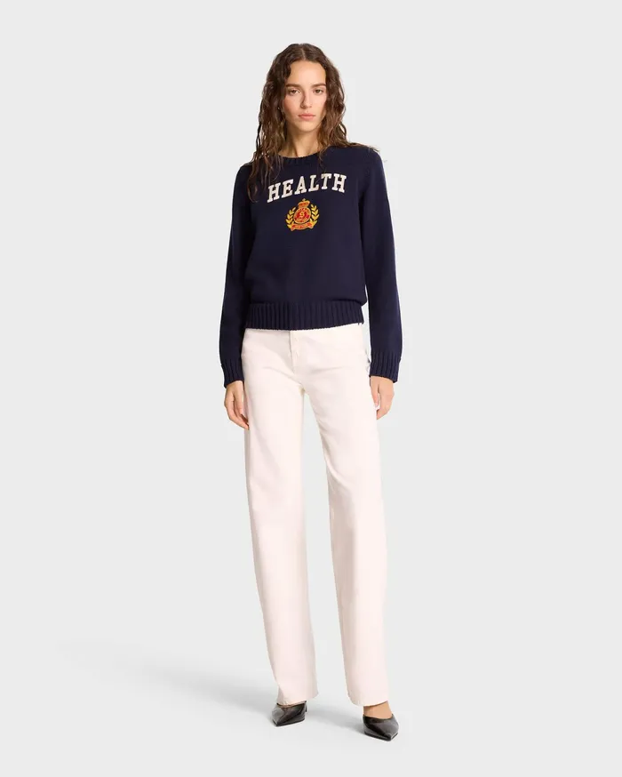 Sporty and Rich Knitwear Women NY Health Crest Knitted Sweater 8211 NavyWhiteGold