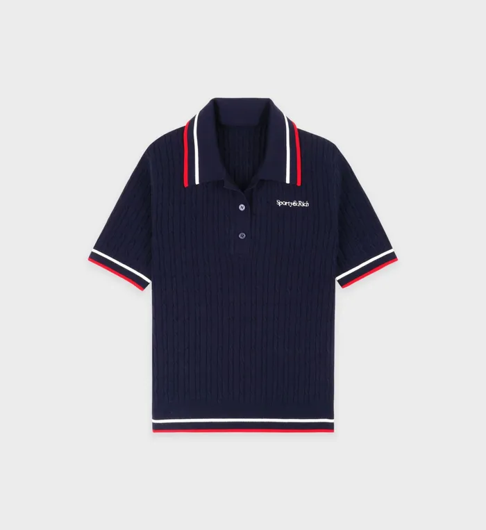 Sporty and Rich Knitwear Women Serif Logo Mini Cable Polo 8211 NavyOff WhiteRed