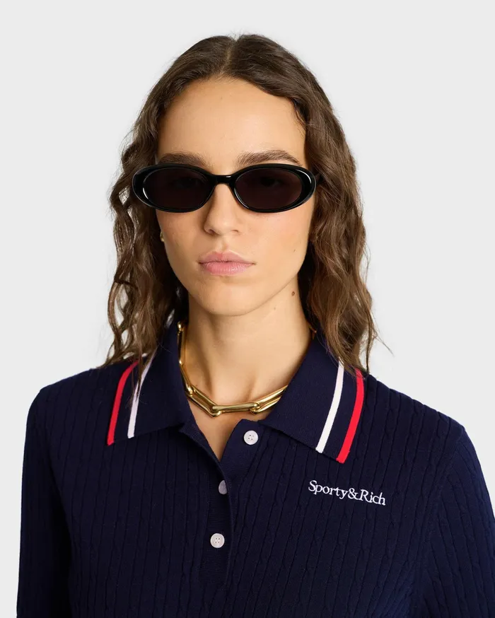 Sporty and Rich Knitwear Women Serif Logo Mini Cable Polo 8211 NavyOff WhiteRed