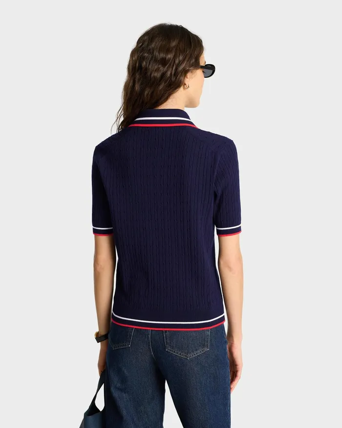 Sporty and Rich Knitwear Women Serif Logo Mini Cable Polo 8211 NavyOff WhiteRed