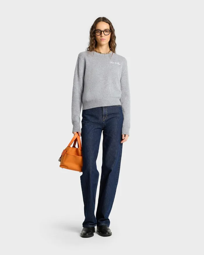 Sporty and Rich Knitwear Women Vendome Script Cashmere Crewneck 8211 Heather GrayWhite