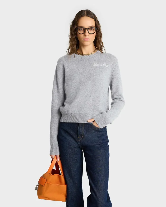 Sporty and Rich Knitwear Women Vendome Script Cashmere Crewneck 8211 Heather GrayWhite