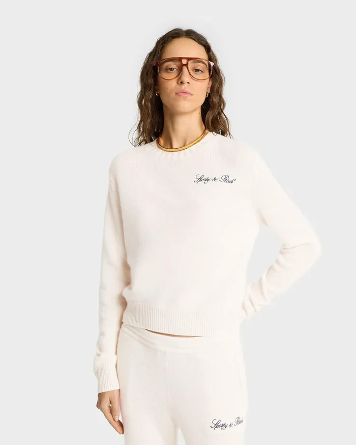 Sporty and Rich Knitwear Women Vendome Script Cashmere Trousers 8211 CreamNavy