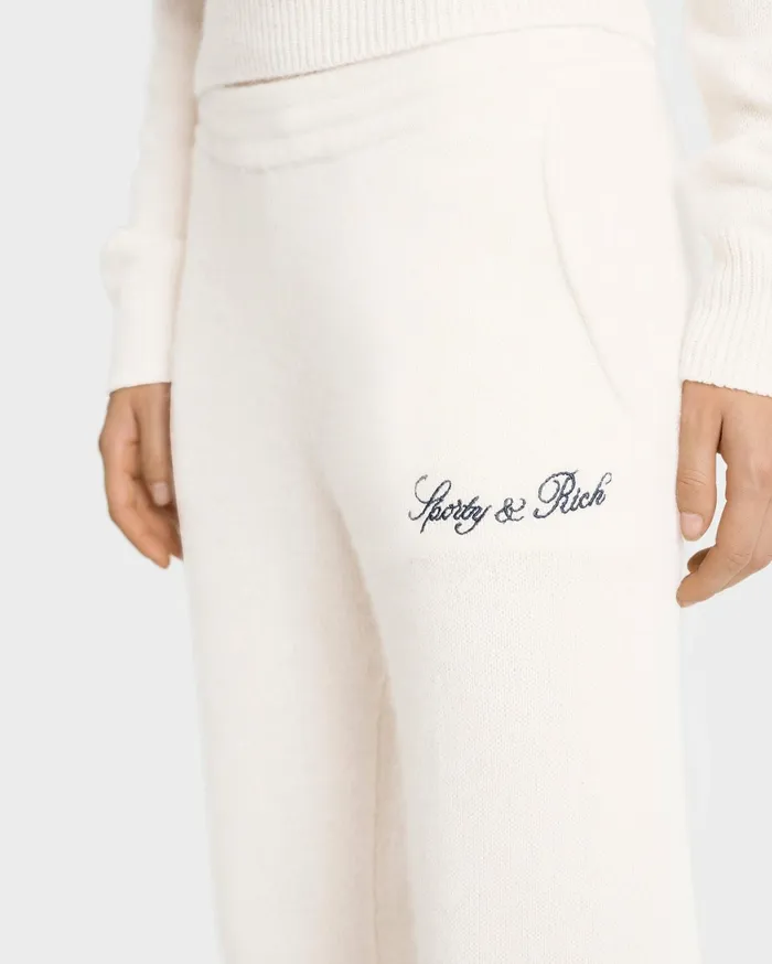 Sporty and Rich Knitwear Women Vendome Script Cashmere Trousers 8211 CreamNavy