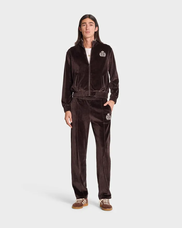 Sporty and Rich Sweatpants Men NY Crest Velour Track Pant 8211 ChocolateCream