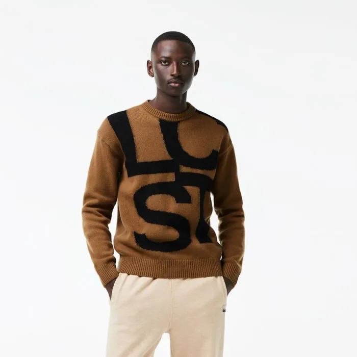 Sweaters and Sweatshirts Men Lacoste Men039s Classic Fit Contrast Lettering Wool Sweater Brown Black Xp9