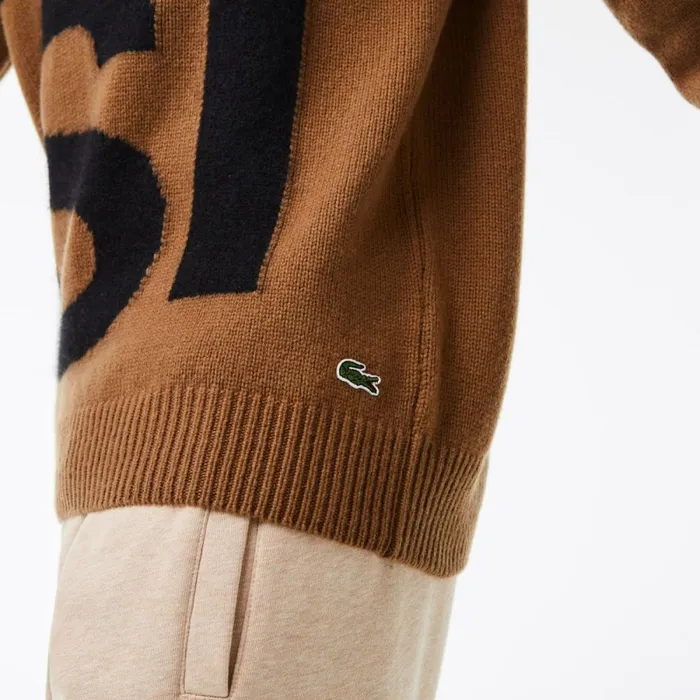 Sweaters and Sweatshirts Men Lacoste Men039s Classic Fit Contrast Lettering Wool Sweater Brown Black Xp9