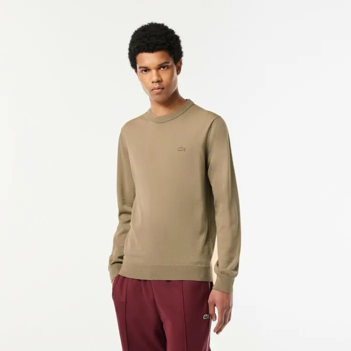 Sweaters and Sweatshirts Men Lacoste Men039s Crew Neck Merino Wool Sweater Beige Cb8