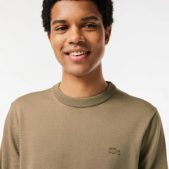 Sweaters and Sweatshirts Men Lacoste Men039s Crew Neck Merino Wool Sweater Beige Cb8