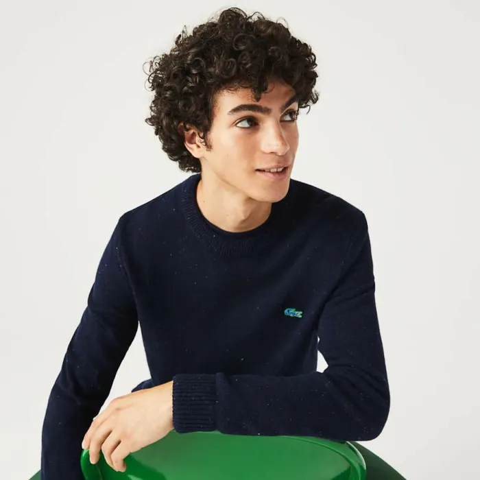 Sweaters and Sweatshirts Men Lacoste Men039s Regular Fit Speckled Print Wool Jersey Sweater Navy Blue 7cg