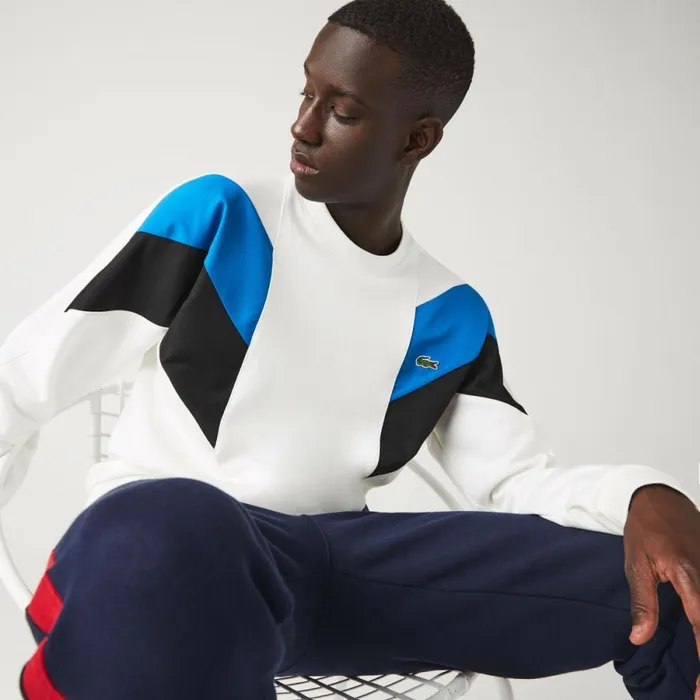 Sweaters and Sweatshirts Men Lacoste Mens Crew Neck Colorblock Cotton Fleece Sweatshirt White Blue Black Wza