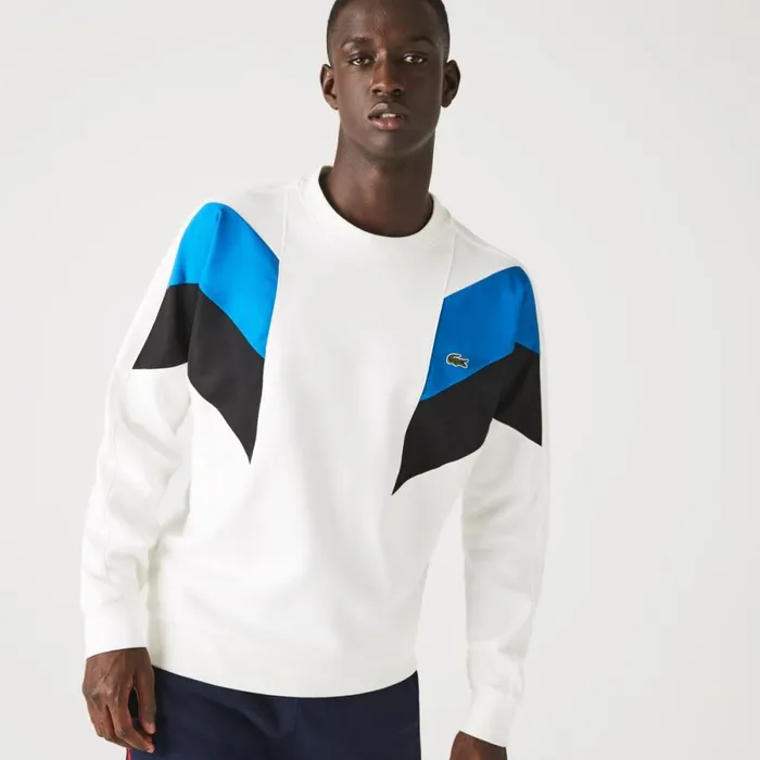 Sweaters and Sweatshirts Men Lacoste Mens Crew Neck Colorblock Cotton Fleece Sweatshirt White Blue Black Wza
